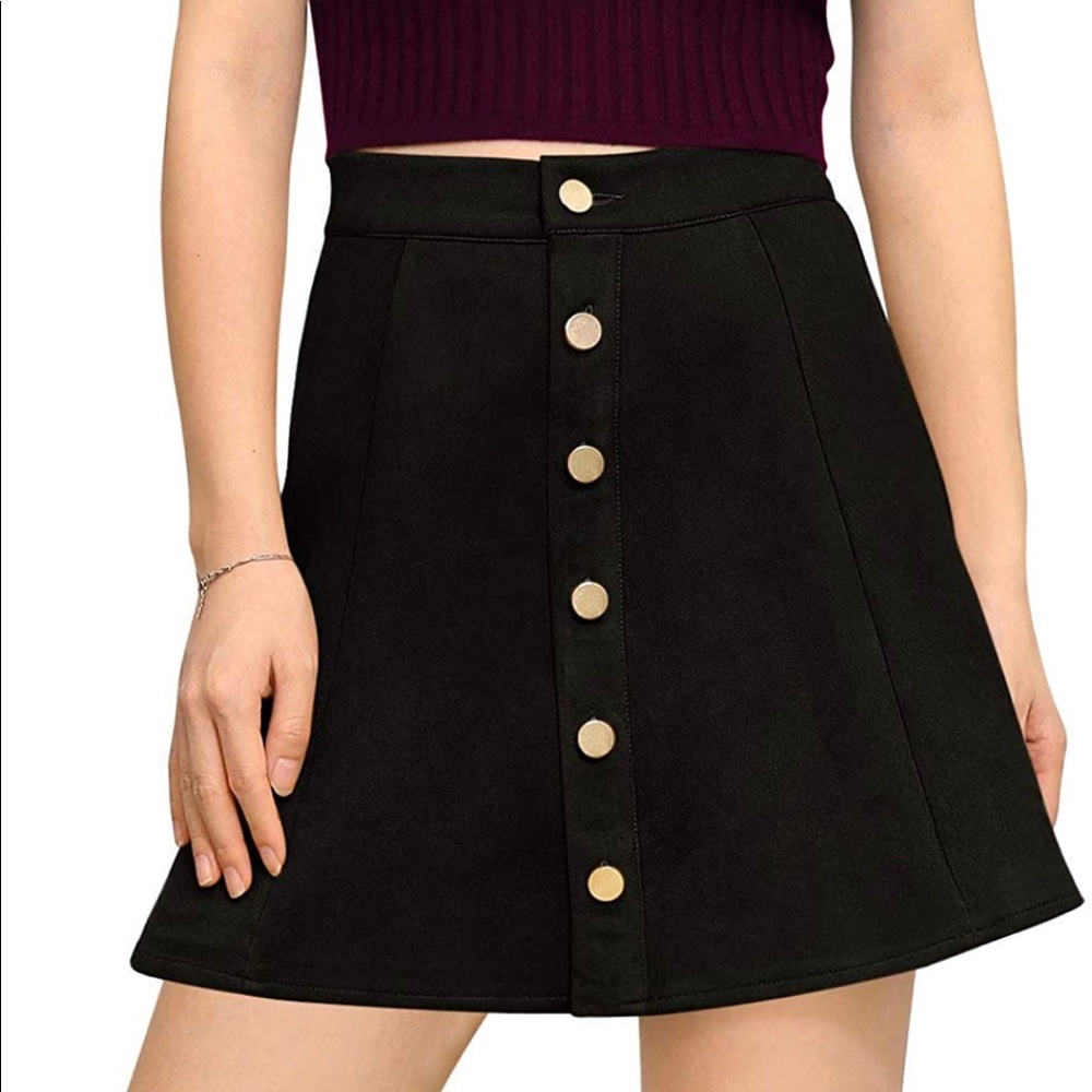 Faux Suede A-Line Button Closure High Waist Skirt